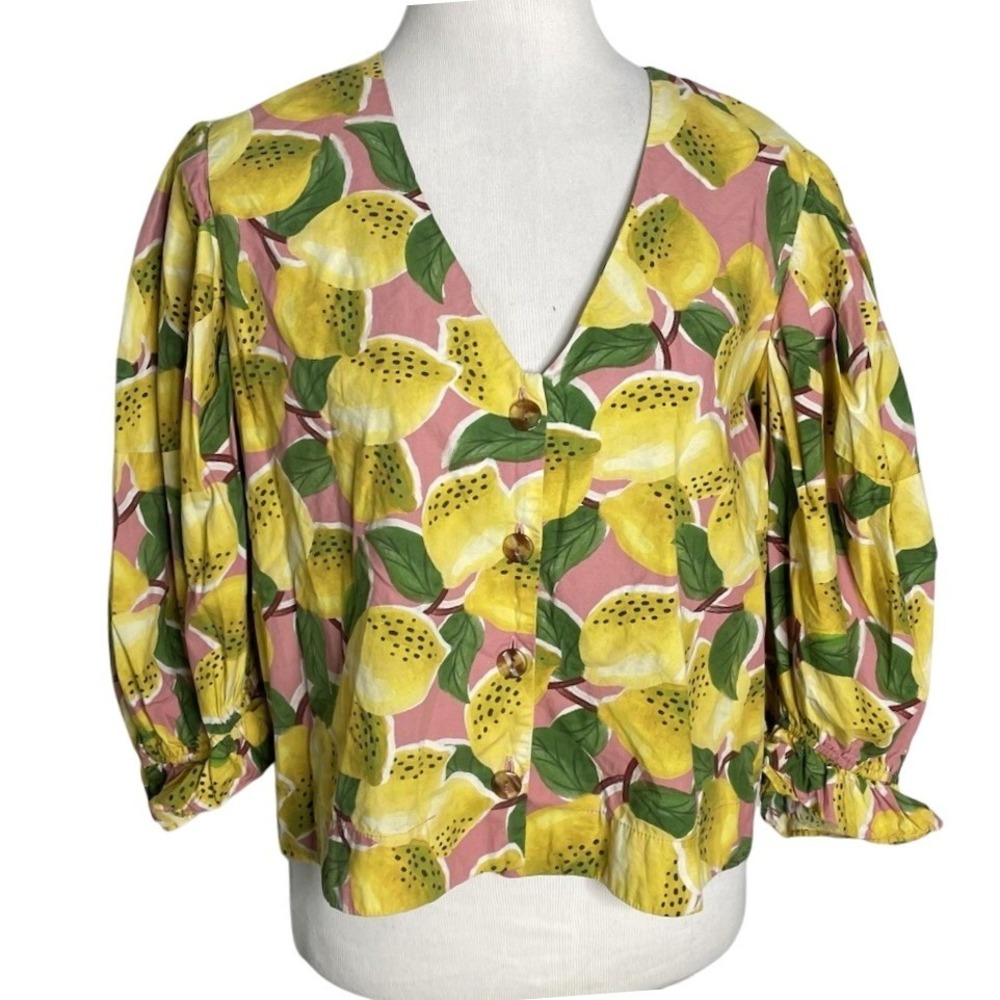 Farm Rio Fresh Lemons Puff Sleeve Shirt Top Button Front Medium - Picture 2 of 5